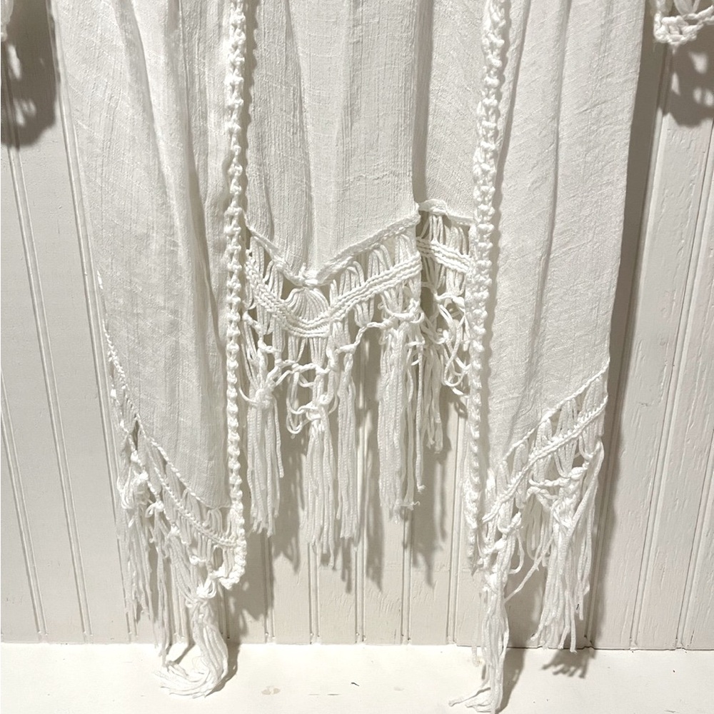 Boho Women White Fringe Swim Cover crochet design- One Size- Tie Front - Picture 2 of 8